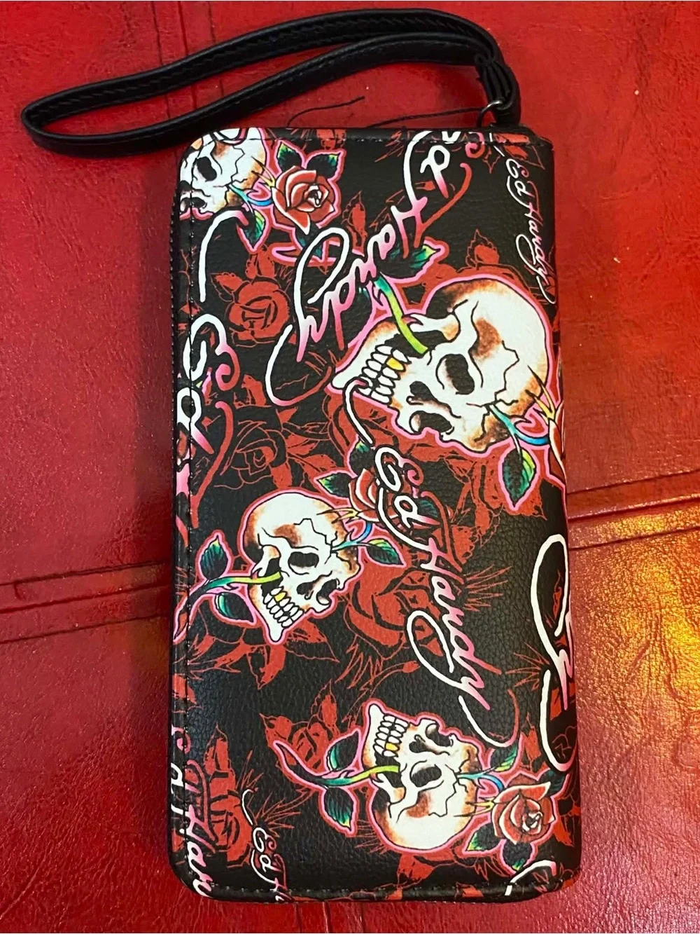 Ed Hardy Black Wallet with Red and Pink Skull Rose Print
